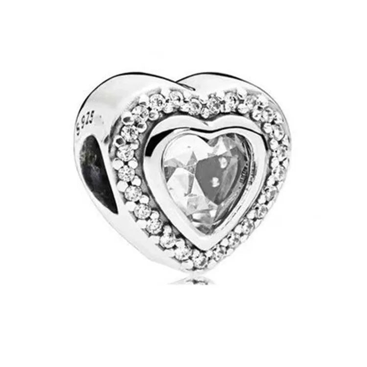 White Series Clear Stone Heart Clip Charm Fit Original 925 Sterling Silver Plated Bracelet Beads DIY Women Jewelry Gift Making
