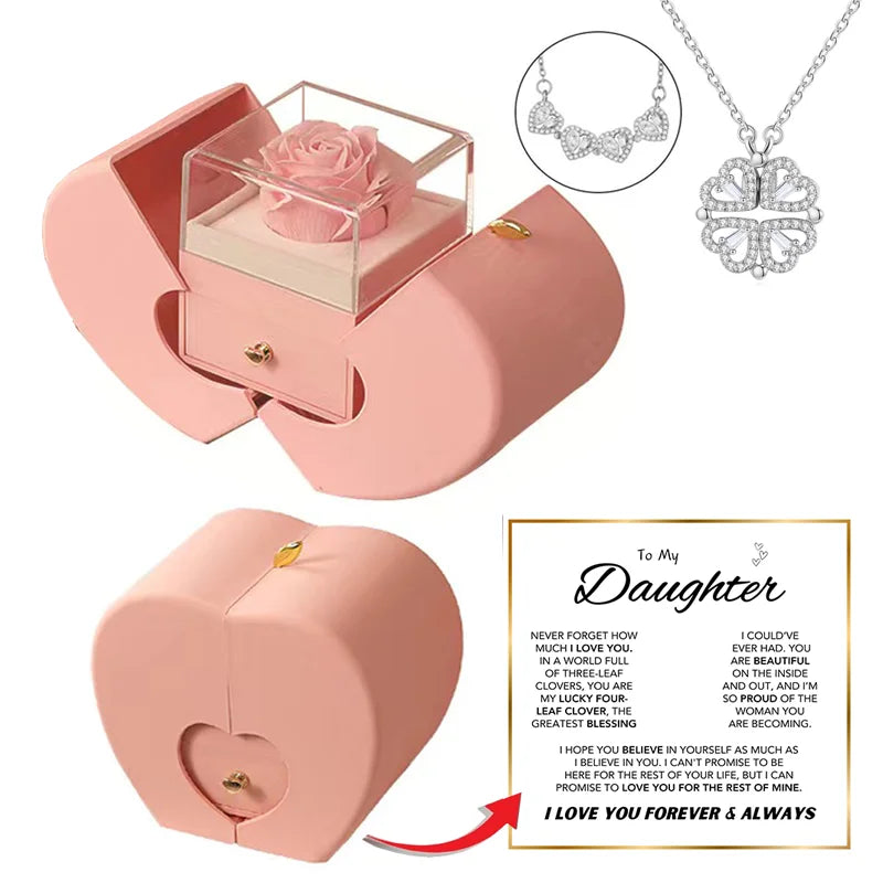 To My Daughter Four Leaf Clover Necklace WithApple Jewelry Box Eternal Rose Flower To Daughter Birthday Party Christmas Gifts